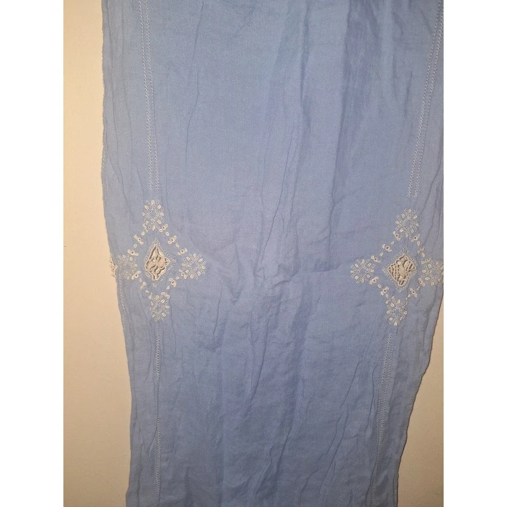 Vintage Blue Linen Table Runner and Napkin Set Floral Embroidery Lace‎ Trim